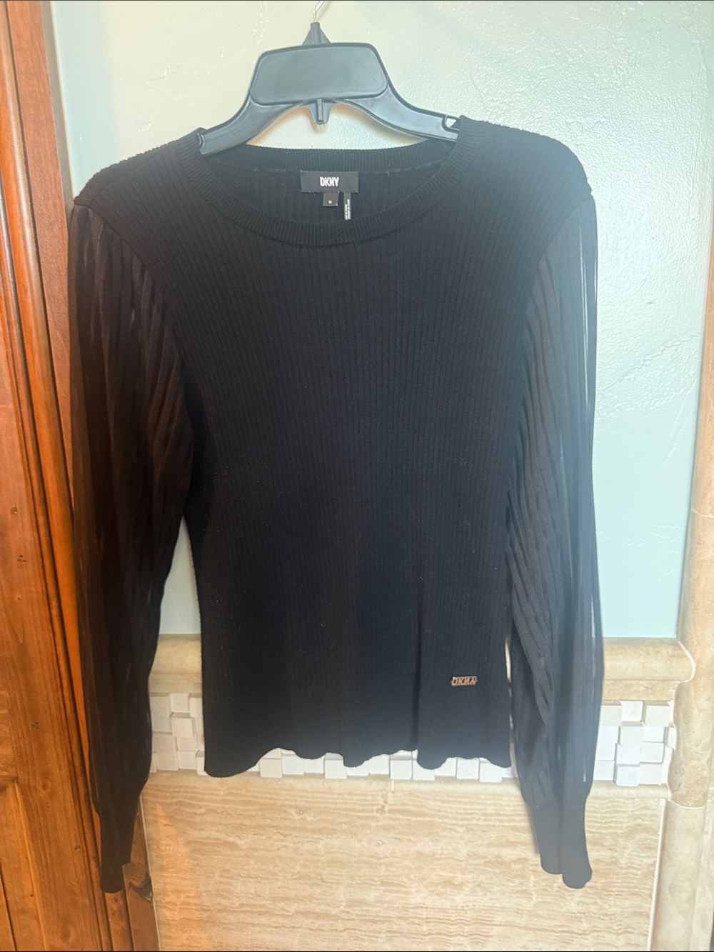 DKNY Black Ribbed Crewneck Sweater with Sheer Paneled Sleeves